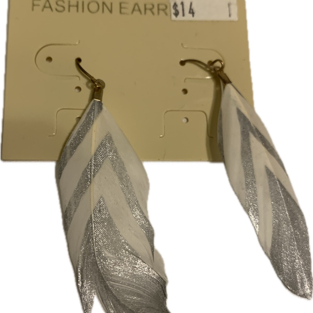 Silver and White Feather Earrings